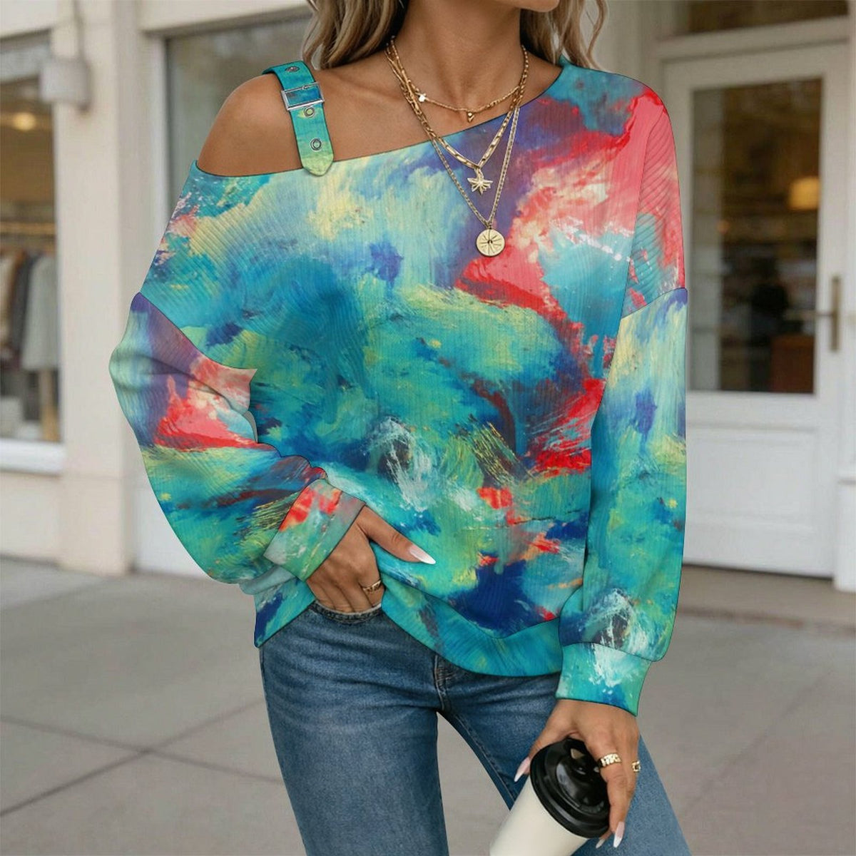 Off-the-shoulder Sweater Pattern  Asymmetric Cold Shoulder Knit Sweater for Women, Adjustable Buckle Strap Long Sleeve Casual Slouchy Pullover
