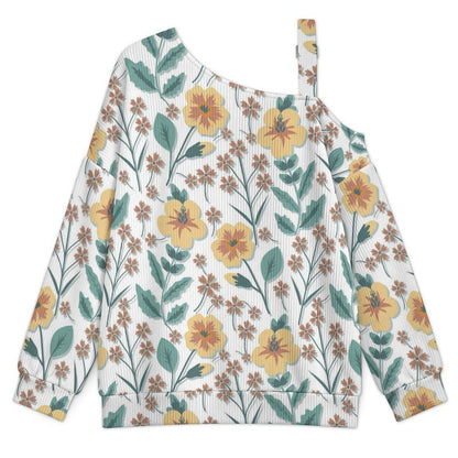 Off-the-shoulder Sweater Floral Pattern  Asymmetric Cold Shoulder Knit Sweater for Women, Adjustable Buckle Strap Long Sleeve Casual Slouchy Pullover