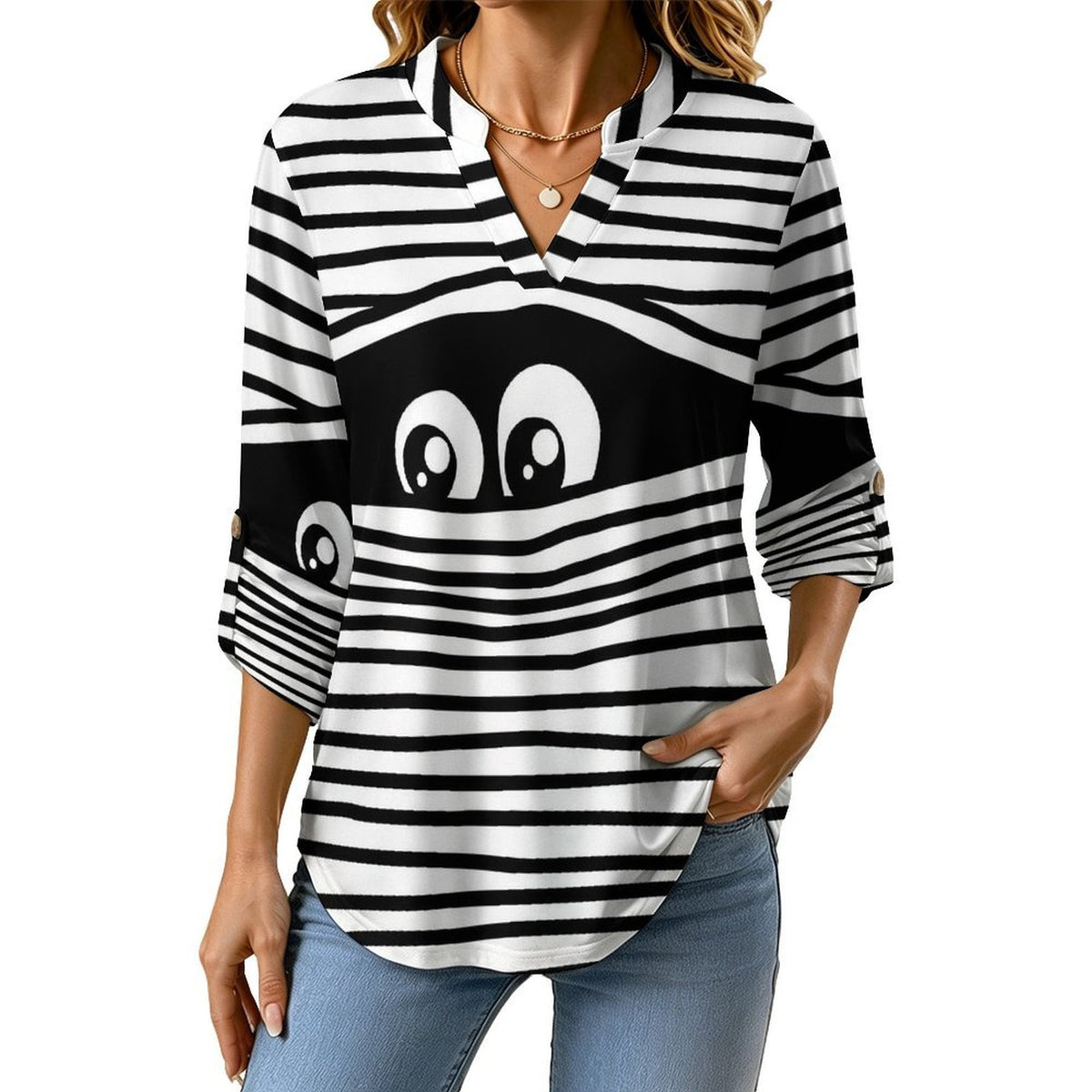 Stand-up Collar Long-sleeved Shirt Line Eye Peek  Customization Women’s V-Neck Blouses,long Sleeve,Roll-Up Sleeve Shirt