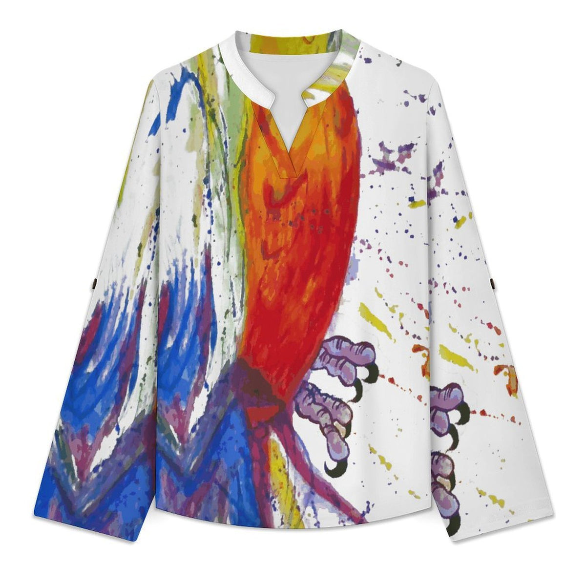 Stand-up Collar Long-sleeved Shirt Painting, Parrot  Customization Women’s V-Neck Blouses,long Sleeve,Roll-Up Sleeve Shirt