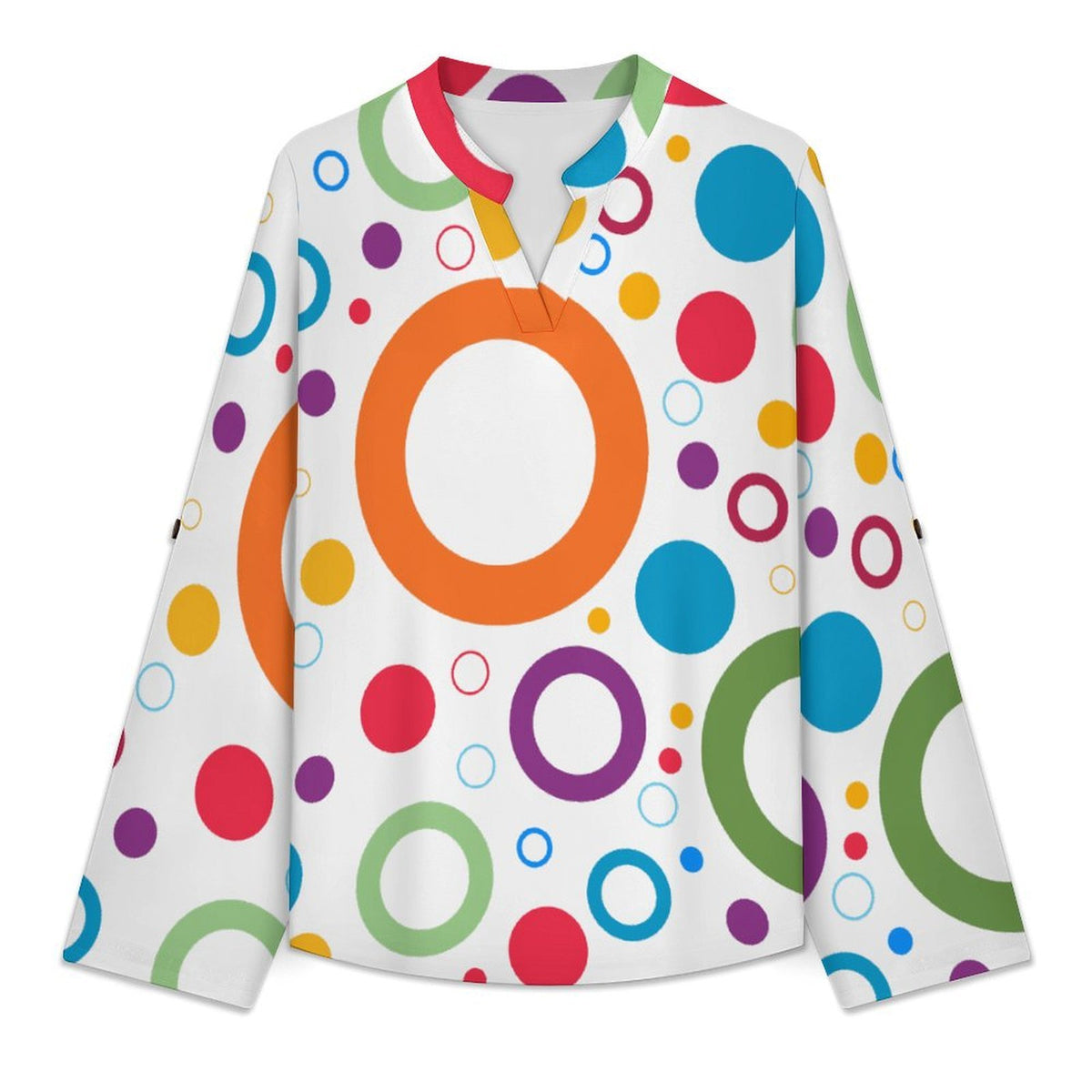 Stand-up Collar Long-sleeved Shirt Color Circle Background  Customization Women’s V-Neck Blouses,long Sleeve,Roll-Up Sleeve Shirt