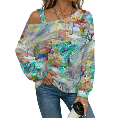 Off-the-shoulder Sweater Exotic Ethnic Pattern  Asymmetric Cold Shoulder Knit Sweater for Women, Adjustable Buckle Strap Long Sleeve Casual Slouchy Pullover