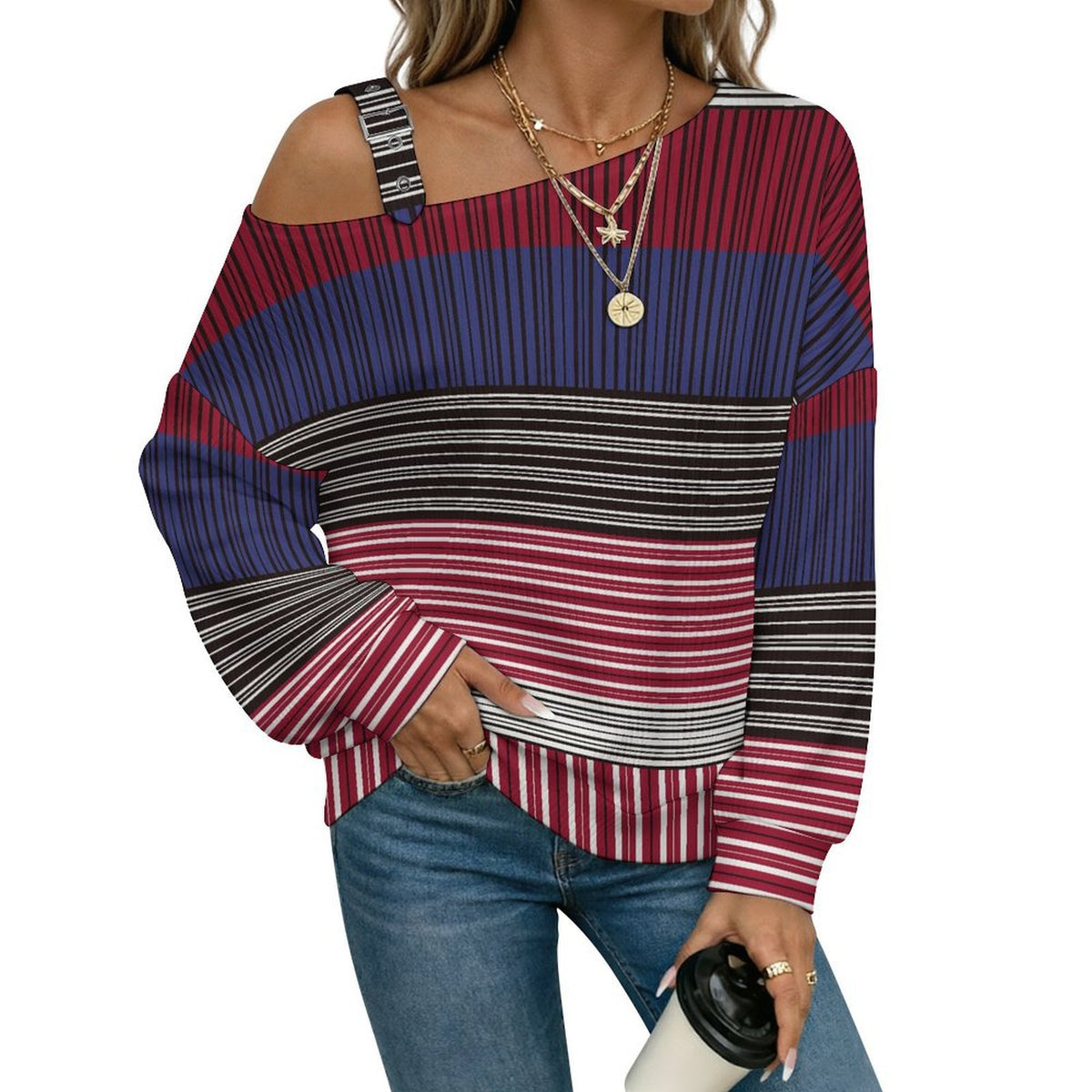 Off-the-shoulder Sweater Fashion Stripe  Asymmetric Cold Shoulder Knit Sweater for Women, Adjustable Buckle Strap Long Sleeve Casual Slouchy Pullover