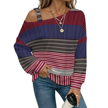 Off-the-shoulder Sweater Fashion Stripe  Asymmetric Cold Shoulder Knit Sweater for Women, Adjustable Buckle Strap Long Sleeve Casual Slouchy Pullover