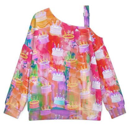 Off-the-shoulder Sweater Tile Colorful Cake  Asymmetric Cold Shoulder Knit Sweater for Women, Adjustable Buckle Strap Long Sleeve Casual Slouchy Pullover