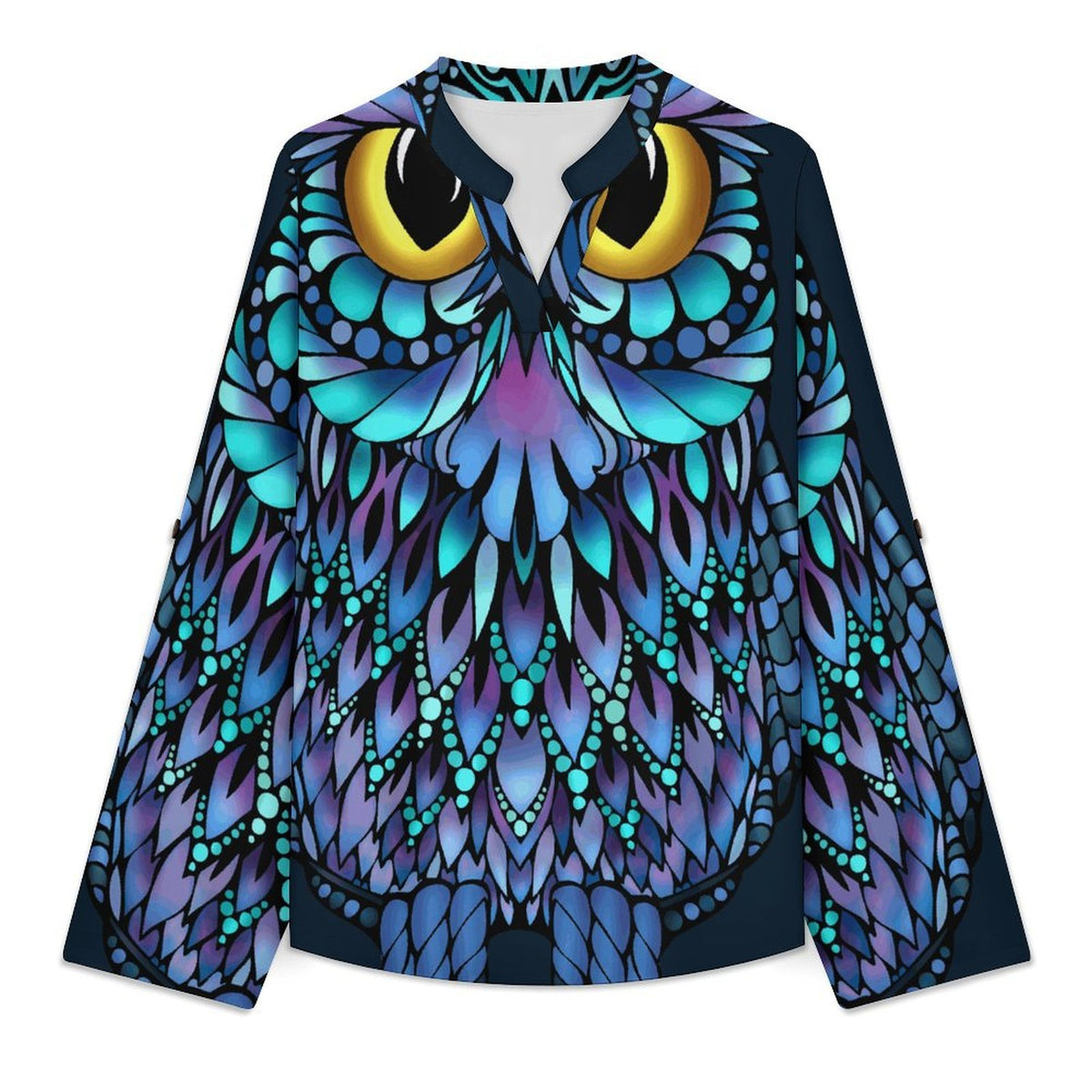 Stand-up Collar Long-sleeved Shirt Owl, Animal  Customization Women’s V-Neck Blouses,long Sleeve,Roll-Up Sleeve Shirt