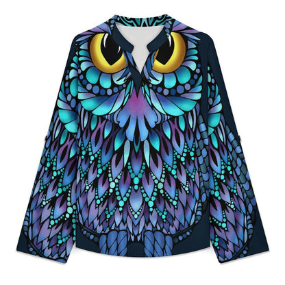 Stand-up Collar Long-sleeved Shirt Owl, Animal  Customization Women’s V-Neck Blouses,long Sleeve,Roll-Up Sleeve Shirt