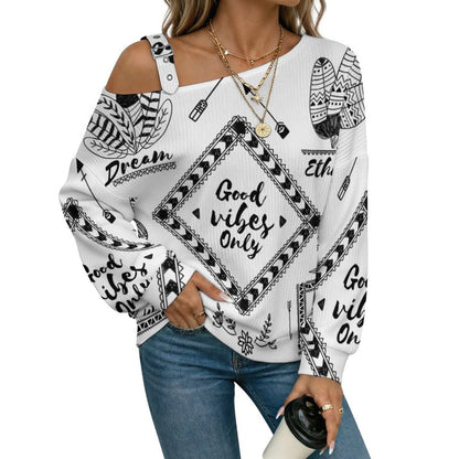Off-the-shoulder Sweater Boho Style  Asymmetric Cold Shoulder Knit Sweater for Women, Adjustable Buckle Strap Long Sleeve Casual Slouchy Pullover
