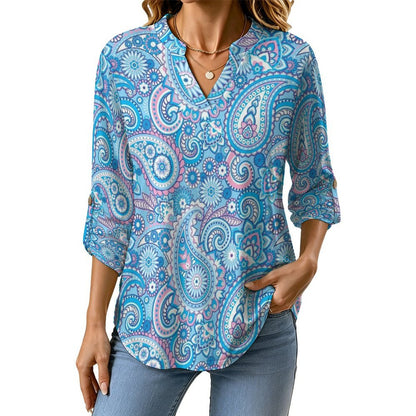 Stand-up Collar Long-sleeved Shirt Paisley  Customization Women’s V-Neck Blouses,long Sleeve,Roll-Up Sleeve Shirt