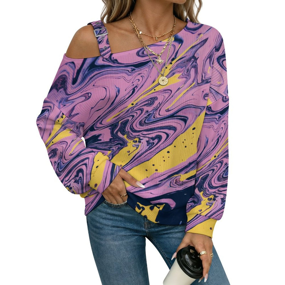 Off-the-shoulder Sweater Pattern  Asymmetric Cold Shoulder Knit Sweater for Women, Adjustable Buckle Strap Long Sleeve Casual Slouchy Pullover