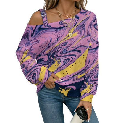 Off-the-shoulder Sweater Pattern  Asymmetric Cold Shoulder Knit Sweater for Women, Adjustable Buckle Strap Long Sleeve Casual Slouchy Pullover