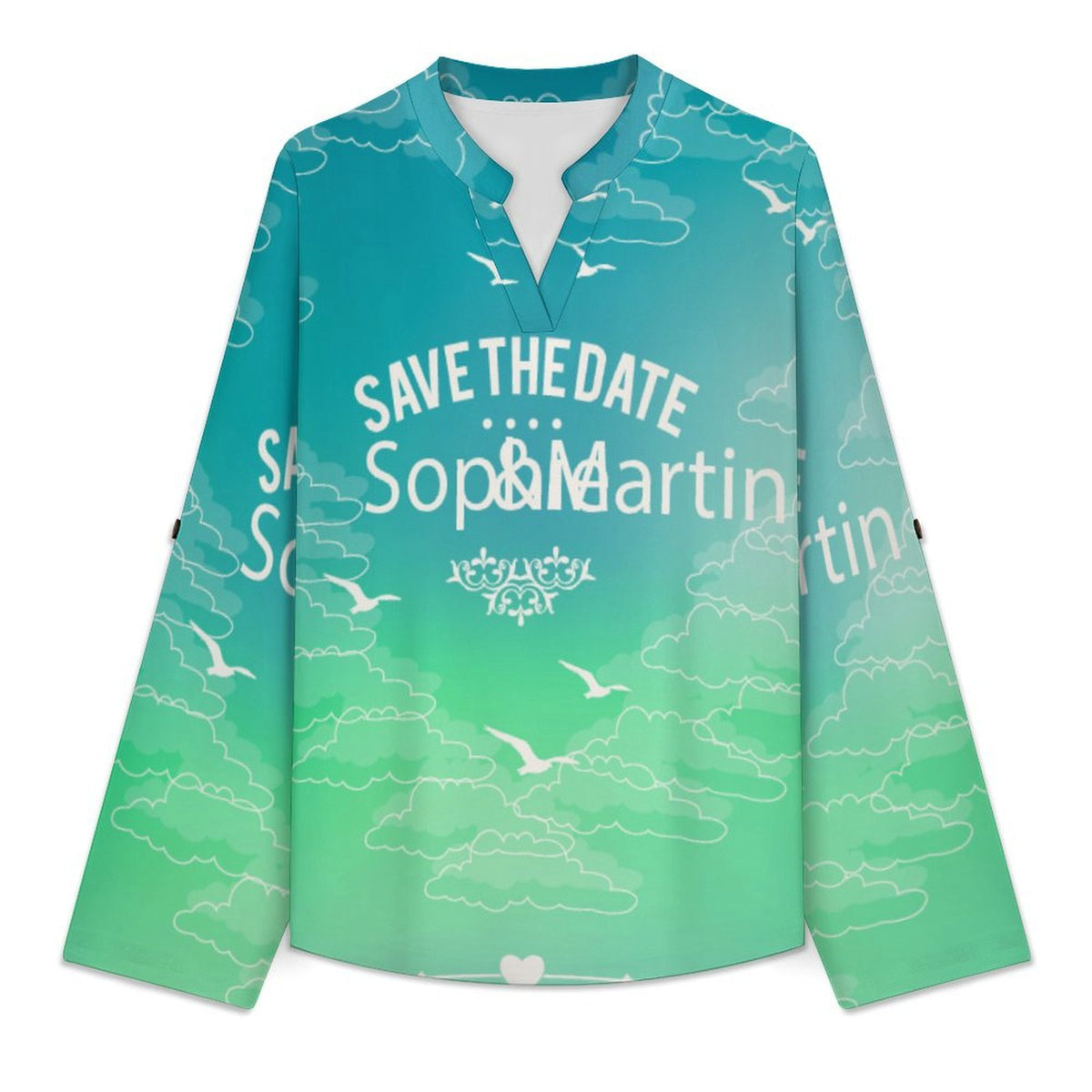 Stand-up Collar Long-sleeved Shirt Blue Green Tie Dyeing  Customization Women’s V-Neck Blouses,long Sleeve,Roll-Up Sleeve Shirt