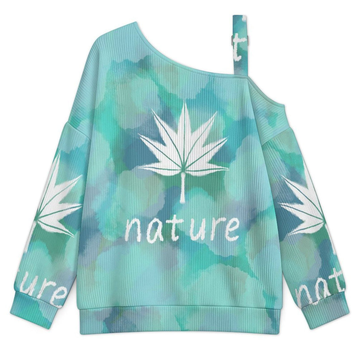 Off-the-shoulder Sweater Tie-dyed Blue Maple Leaf  Asymmetric Cold Shoulder Knit Sweater for Women, Adjustable Buckle Strap Long Sleeve Casual Slouchy Pullover