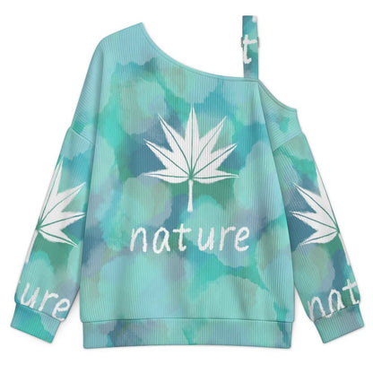 Off-the-shoulder Sweater Tie-dyed Blue Maple Leaf  Asymmetric Cold Shoulder Knit Sweater for Women, Adjustable Buckle Strap Long Sleeve Casual Slouchy Pullover