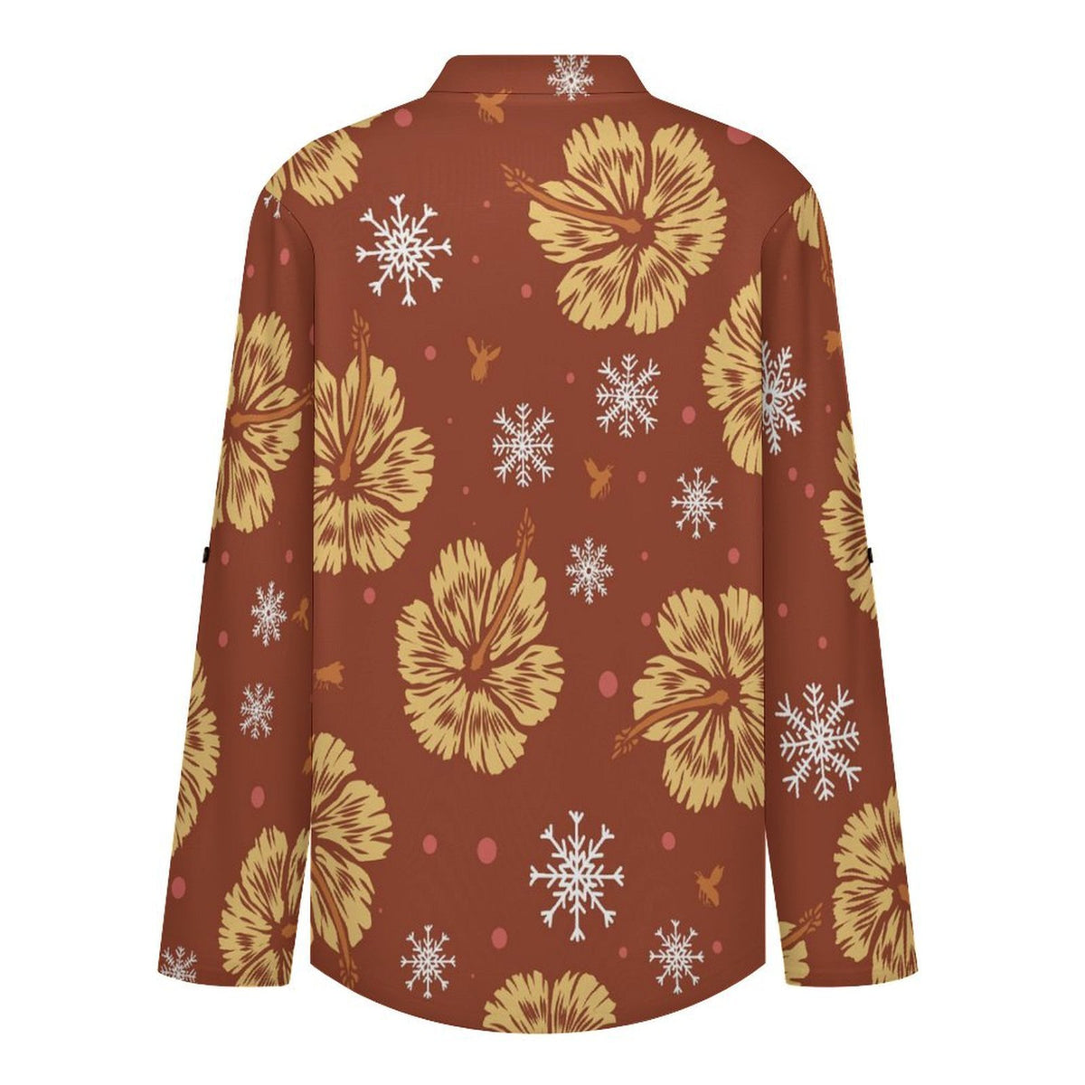 Stand-up Collar Long-sleeved Shirt Orange Background, Flowers  Customization Women’s V-Neck Blouses,long Sleeve,Roll-Up Sleeve Shirt