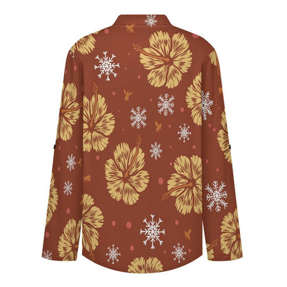 Stand-up Collar Long-sleeved Shirt Orange Background, Flowers  Customization Women’s V-Neck Blouses,long Sleeve,Roll-Up Sleeve Shirt