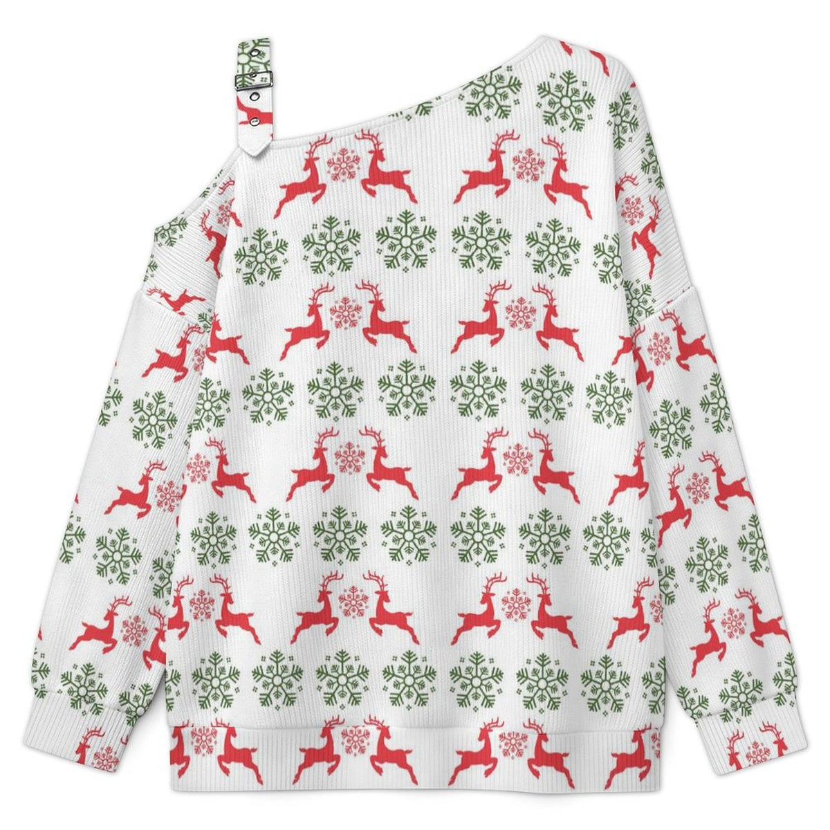 Off-the-shoulder Sweater Christmas-snowflake-reindeer-red-green-tiled-repeat  Asymmetric Cold Shoulder Knit Sweater for Women, Adjustable Buckle Strap Long Sleeve Casual Slouchy Pullover