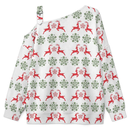 Off-the-shoulder Sweater Christmas-snowflake-reindeer-red-green-tiled-repeat  Asymmetric Cold Shoulder Knit Sweater for Women, Adjustable Buckle Strap Long Sleeve Casual Slouchy Pullover