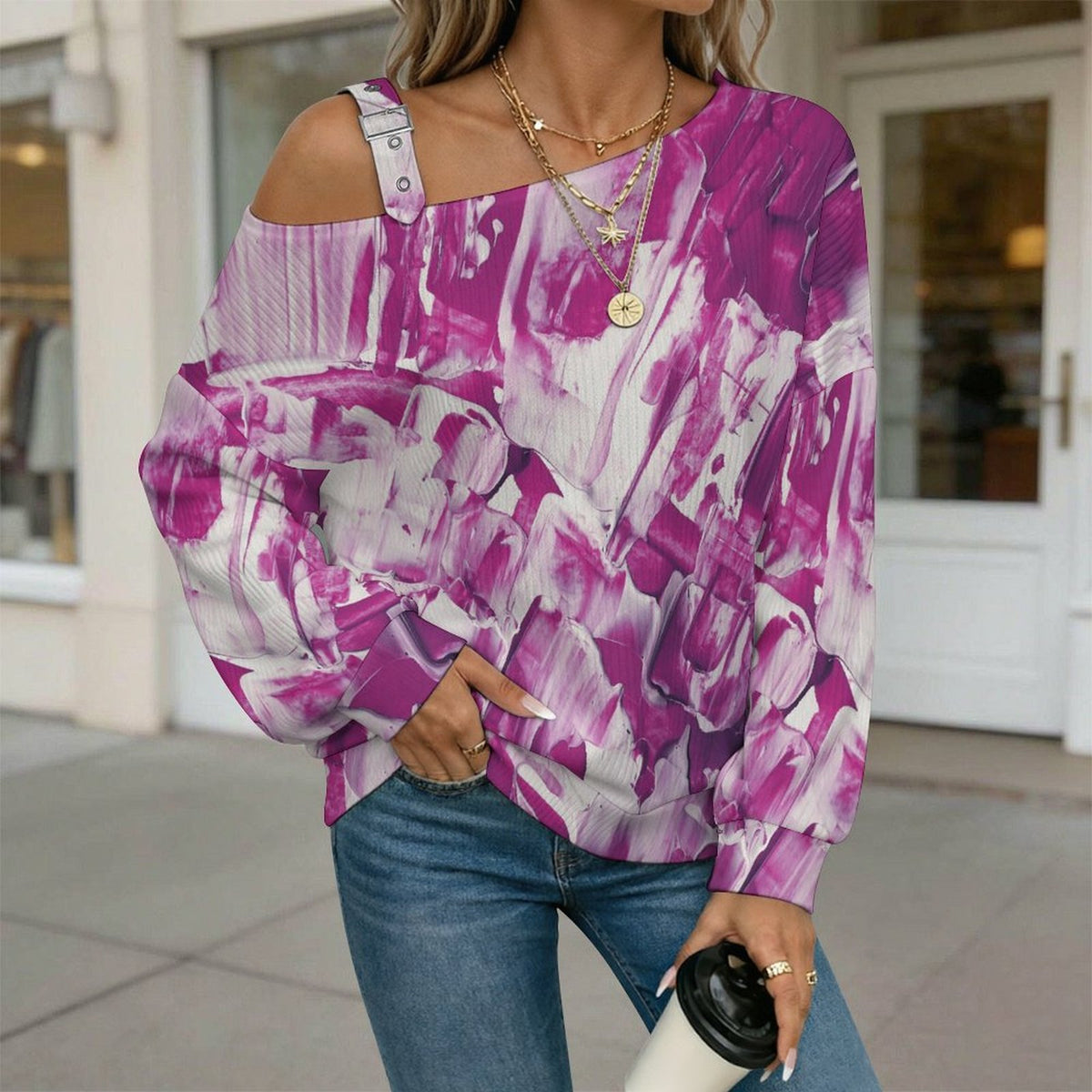 Off-the-shoulder Sweater Pink White Smear Pattern  Asymmetric Cold Shoulder Knit Sweater for Women, Adjustable Buckle Strap Long Sleeve Casual Slouchy Pullover