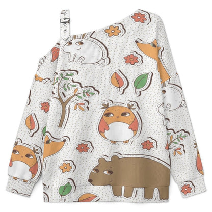 Off-the-shoulder Sweater Cartoon Animals  Asymmetric Cold Shoulder Knit Sweater for Women, Adjustable Buckle Strap Long Sleeve Casual Slouchy Pullover