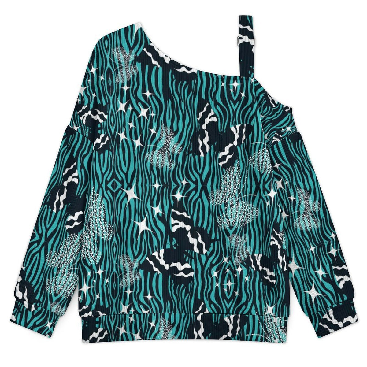 Off-the-shoulder Sweater Butterfly Pattern  Asymmetric Cold Shoulder Knit Sweater for Women, Adjustable Buckle Strap Long Sleeve Casual Slouchy Pullover