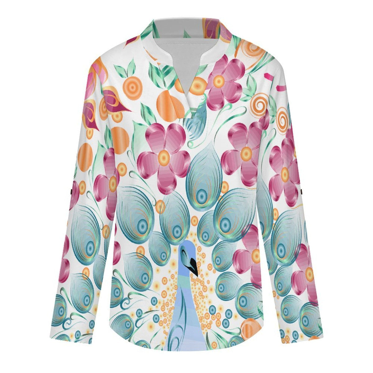 Stand-up Collar Long-sleeved Shirt Peacock Butterfly Flower  Customization Women’s V-Neck Blouses,long Sleeve,Roll-Up Sleeve Shirt