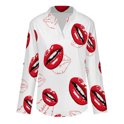 Stand-up Collar Long-sleeved Shirt Red Lips, Sexy, Repeat