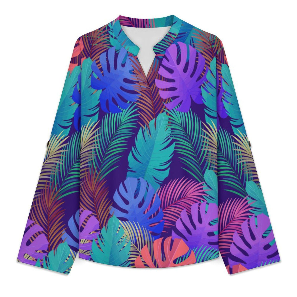 Stand-up Collar Long-sleeved Shirt Color, Leaves, Summer  Customization Women’s V-Neck Blouses,long Sleeve,Roll-Up Sleeve Shirt