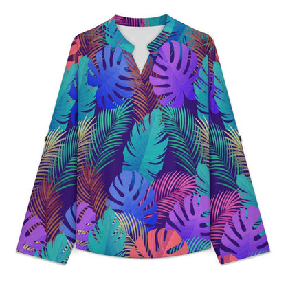 Stand-up Collar Long-sleeved Shirt Color, Leaves, Summer  Customization Women’s V-Neck Blouses,long Sleeve,Roll-Up Sleeve Shirt
