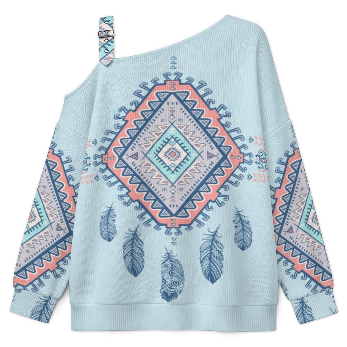 Feathers Fall Casual Asymmetric Shoulder Knit Top with Buckle Detail