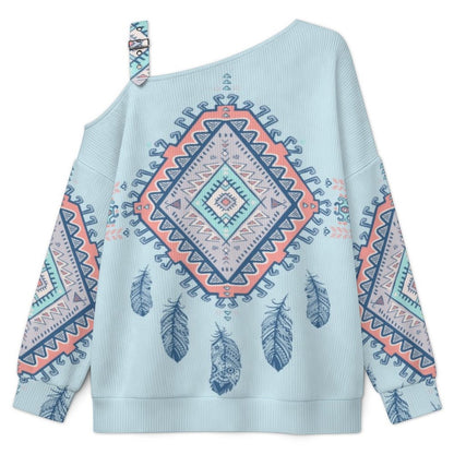 Feathers Fall Casual Asymmetric Shoulder Knit Top with Buckle Detail