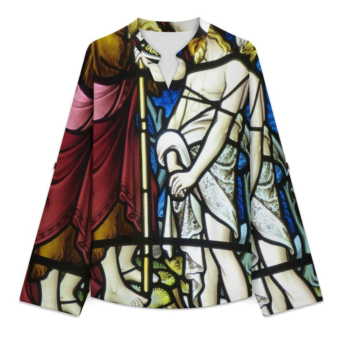 Stand-up Collar Long-sleeved Shirt Jesus Church Windows Faith  Customization Women’s V-Neck Blouses,long Sleeve,Roll-Up Sleeve Shirt