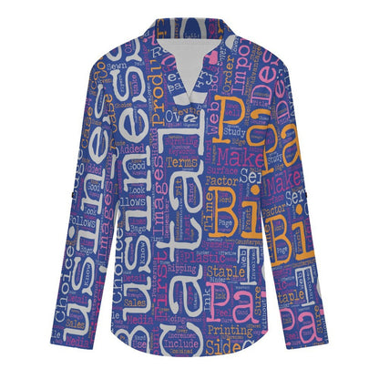 Stand-up Collar Long-sleeved Shirt English Newspaper  Customization Women’s V-Neck Blouses,long Sleeve,Roll-Up Sleeve Shirt