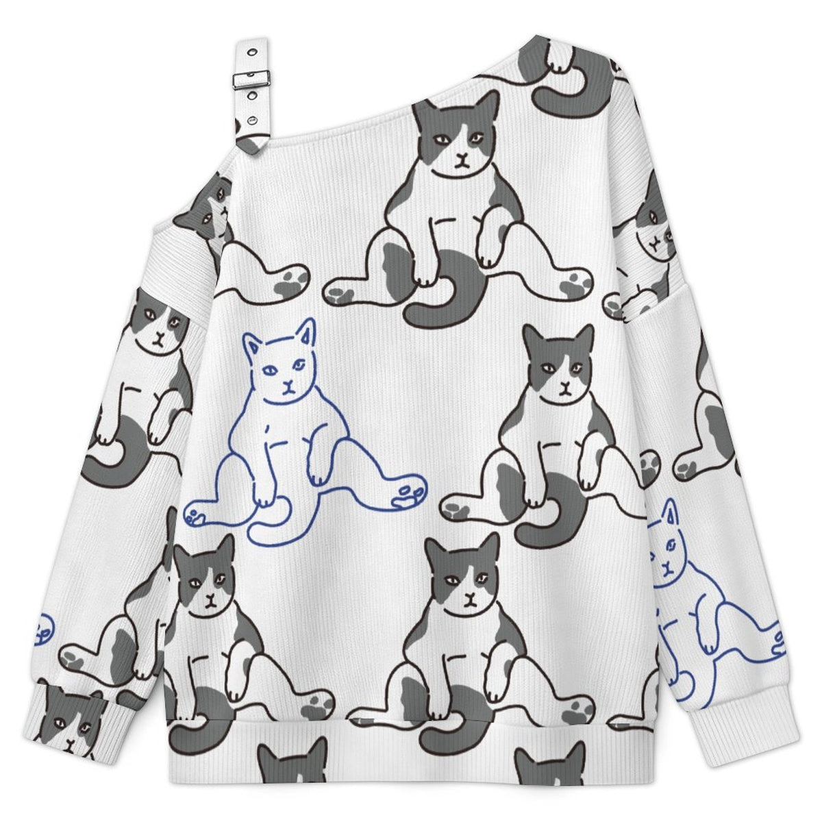 Off-the-shoulder Sweater Cat-lazy-paralyzed-arrogant-sign-black-white-repeat  Asymmetric Cold Shoulder Knit Sweater for Women, Adjustable Buckle Strap Long Sleeve Casual Slouchy Pullover