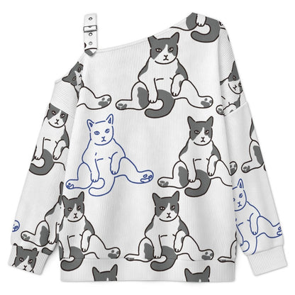 Off-the-shoulder Sweater Cat-lazy-paralyzed-arrogant-sign-black-white-repeat  Asymmetric Cold Shoulder Knit Sweater for Women, Adjustable Buckle Strap Long Sleeve Casual Slouchy Pullover