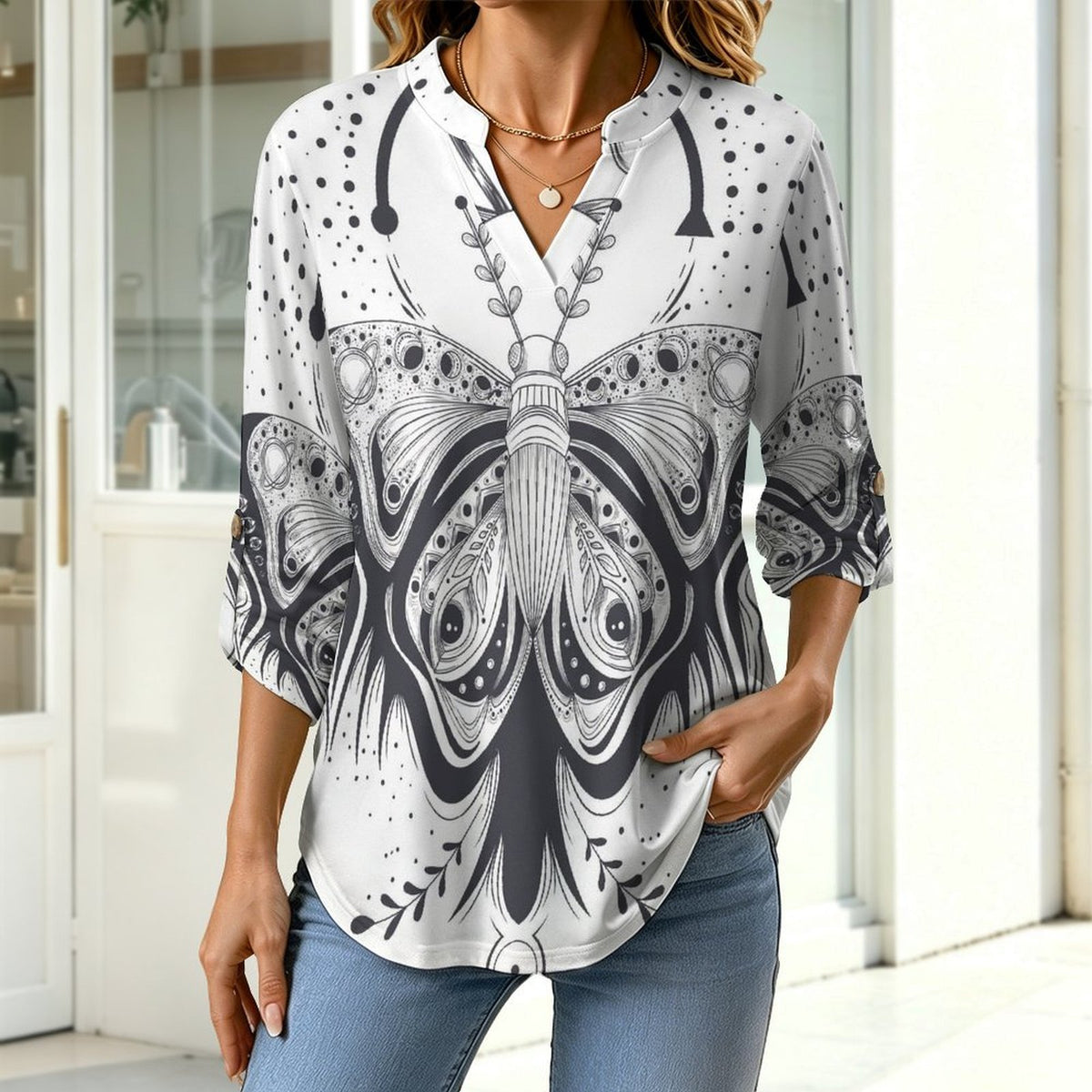 Stand-up Collar Long-sleeved Shirt Butterfly, Galaxy  Customization Women’s V-Neck Blouses,long Sleeve,Roll-Up Sleeve Shirt