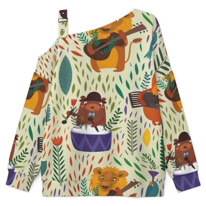 Off-the-shoulder Sweater Animal Concert  Asymmetric Cold Shoulder Knit Sweater for Women, Adjustable Buckle Strap Long Sleeve Casual Slouchy Pullover