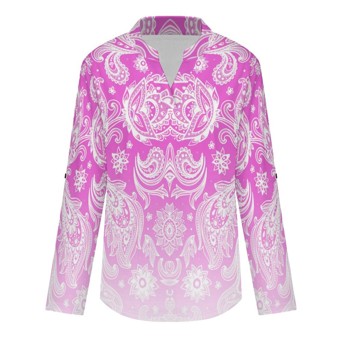 Stand-up Collar Long-sleeved Shirt Paisley  Customization Women’s V-Neck Blouses,long Sleeve,Roll-Up Sleeve Shirt