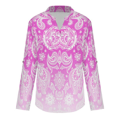 Stand-up Collar Long-sleeved Shirt Paisley  Customization Women’s V-Neck Blouses,long Sleeve,Roll-Up Sleeve Shirt
