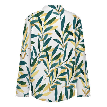 Stand-up Collar Long-sleeved Shirt Leaves, Gold, Repeating Pattern  Customization Women’s V-Neck Blouses,long Sleeve,Roll-Up Sleeve Shirt