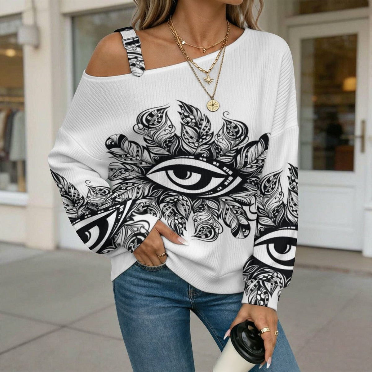 Feathers Eye Buckle Strap Asymmetrical Off Shoulder Knit Sweater