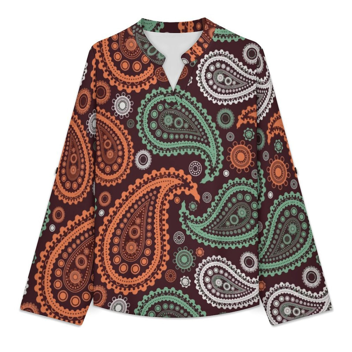 Paisley  Women Curved Hem V Neck Roll Sleeve Casual Work Top
