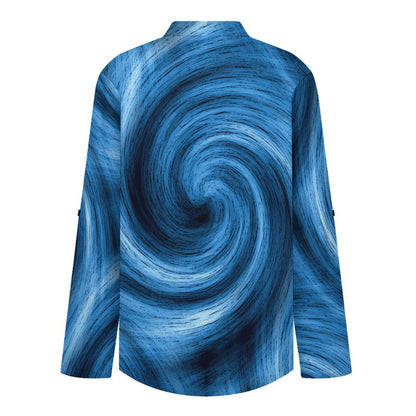 Blue Vortex Pattern  Versatile Notched V-Neck Tunic | Roll Tab 3/4 Sleeve Office Casual Top