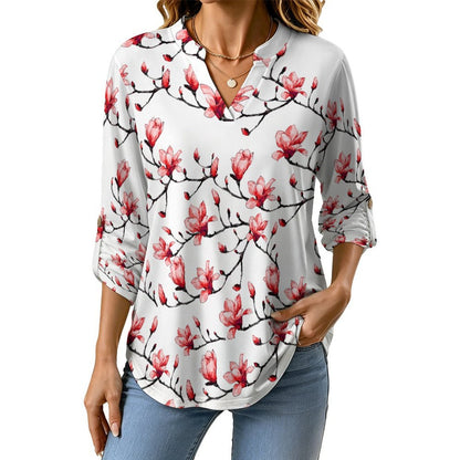 Flowers, Women's Clothing, Repeating Patterns  Versatile Notched V-Neck Tunic | Roll Tab 3/4 Sleeve Office Casual Top
