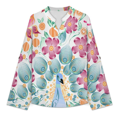 Stand-up Collar Long-sleeved Shirt Peacock Butterfly Flower  Customization Women’s V-Neck Blouses,long Sleeve,Roll-Up Sleeve Shirt