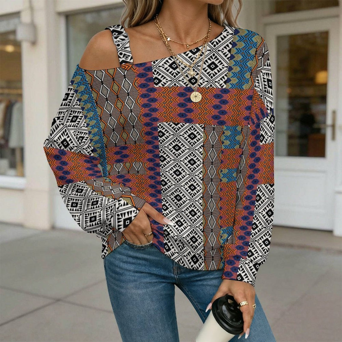 Off-the-shoulder Sweater European Retro Pattern  Asymmetric Cold Shoulder Knit Sweater for Women, Adjustable Buckle Strap Long Sleeve Casual Slouchy Pullover
