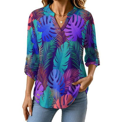 Stand-up Collar Long-sleeved Shirt Color, Leaves, Summer  Customization Women’s V-Neck Blouses,long Sleeve,Roll-Up Sleeve Shirt