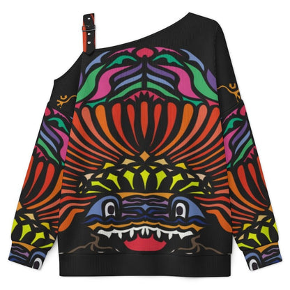 Off-the-shoulder Sweater Abstract Animal Pattern  Asymmetric Cold Shoulder Knit Sweater for Women, Adjustable Buckle Strap Long Sleeve Casual Slouchy Pullover