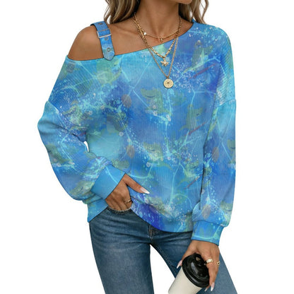 Off-the-shoulder Sweater Deep Sea Water,blue  Asymmetric Cold Shoulder Knit Sweater for Women, Adjustable Buckle Strap Long Sleeve Casual Slouchy Pullover