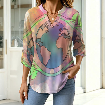 Stand-up Collar Long-sleeved Shirt Plants, Protect The Earth  Customization Women’s V-Neck Blouses,long Sleeve,Roll-Up Sleeve Shirt